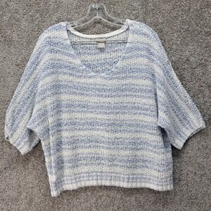 Chicos Blue White Striped Cotton Linen V-Neck Dolman Sweater Size 2 Large